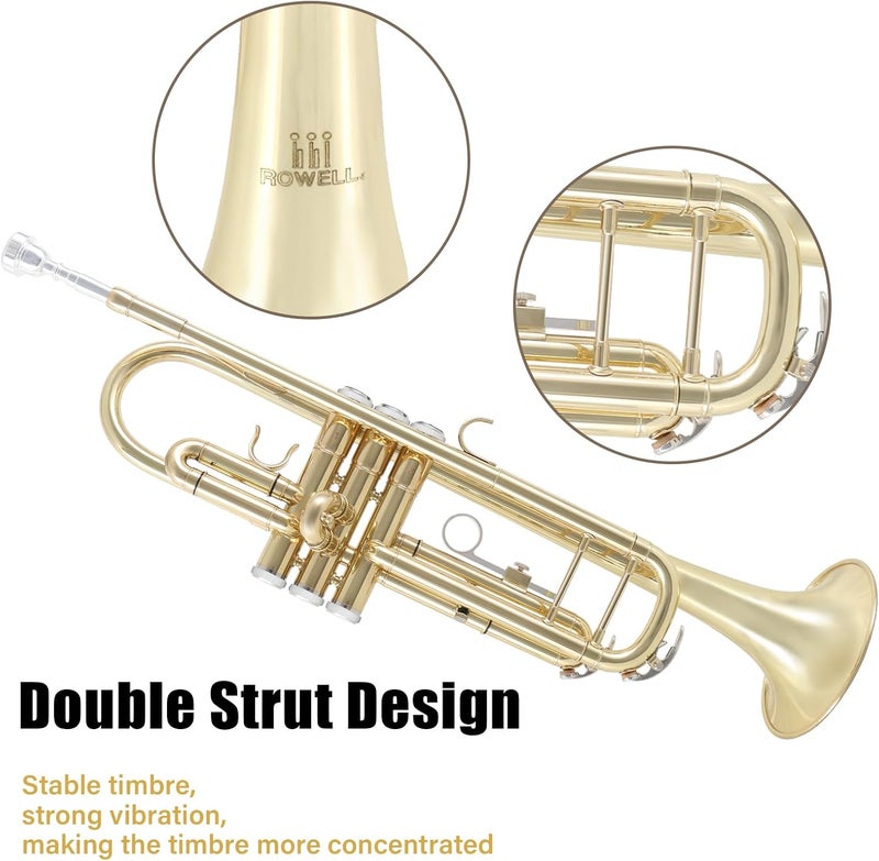 ROWell Bb Trumpet Standard Trumpet Set,Double Support Beam Design Trunpet, Trumpet Instrument with Hard Case, Cleaning Kit, Stand, Mouthpiece, Gloves, Valve Oil for Beginner,Student and Adult.(Gold) - Image 5
